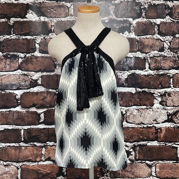 Tory Burch Silk Tank Top Geometric Print Grey Black Size 8 - Picture 5 of 16